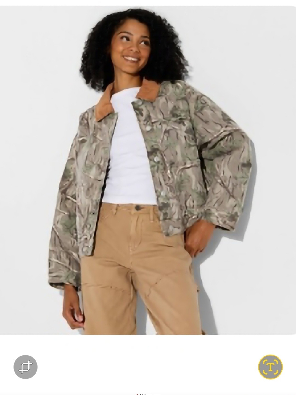 wild fable Cropped Camouflage Bomber Jacket with Tan Collar